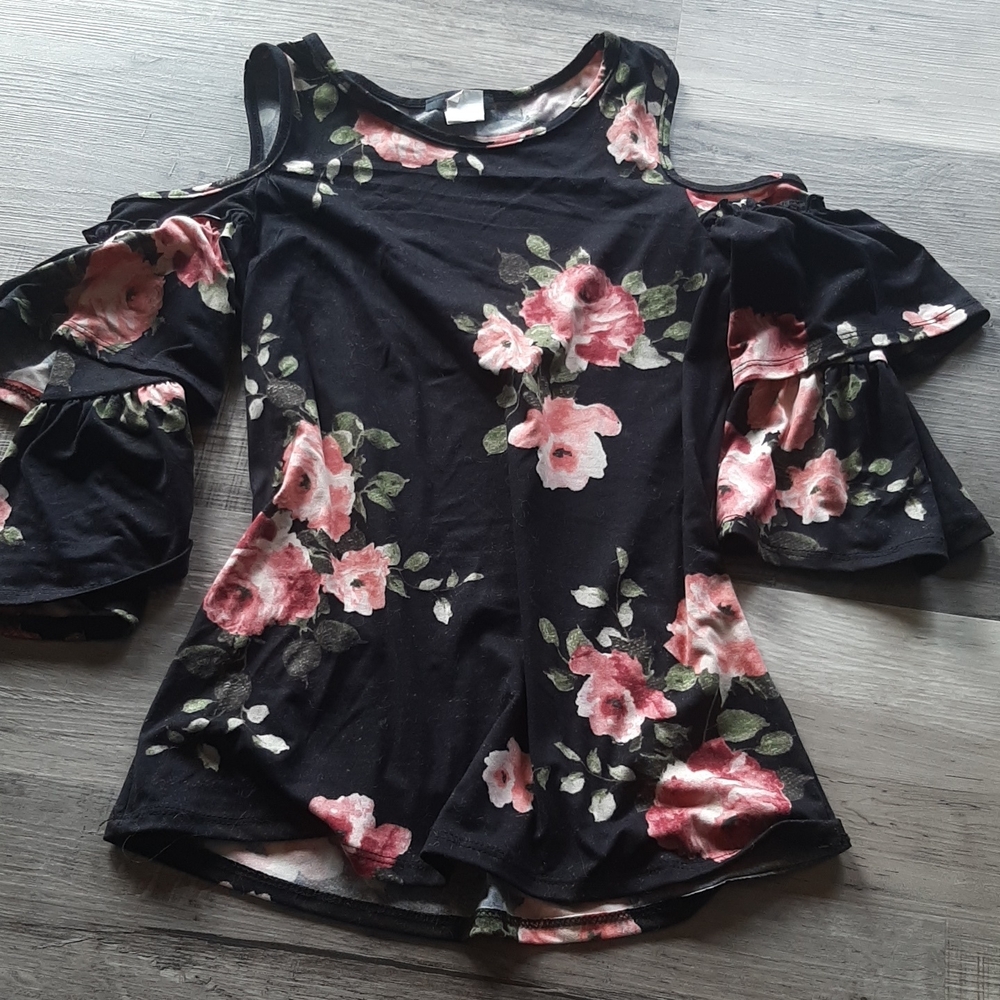 Floral Cold Shoulder Top - Black and Pink